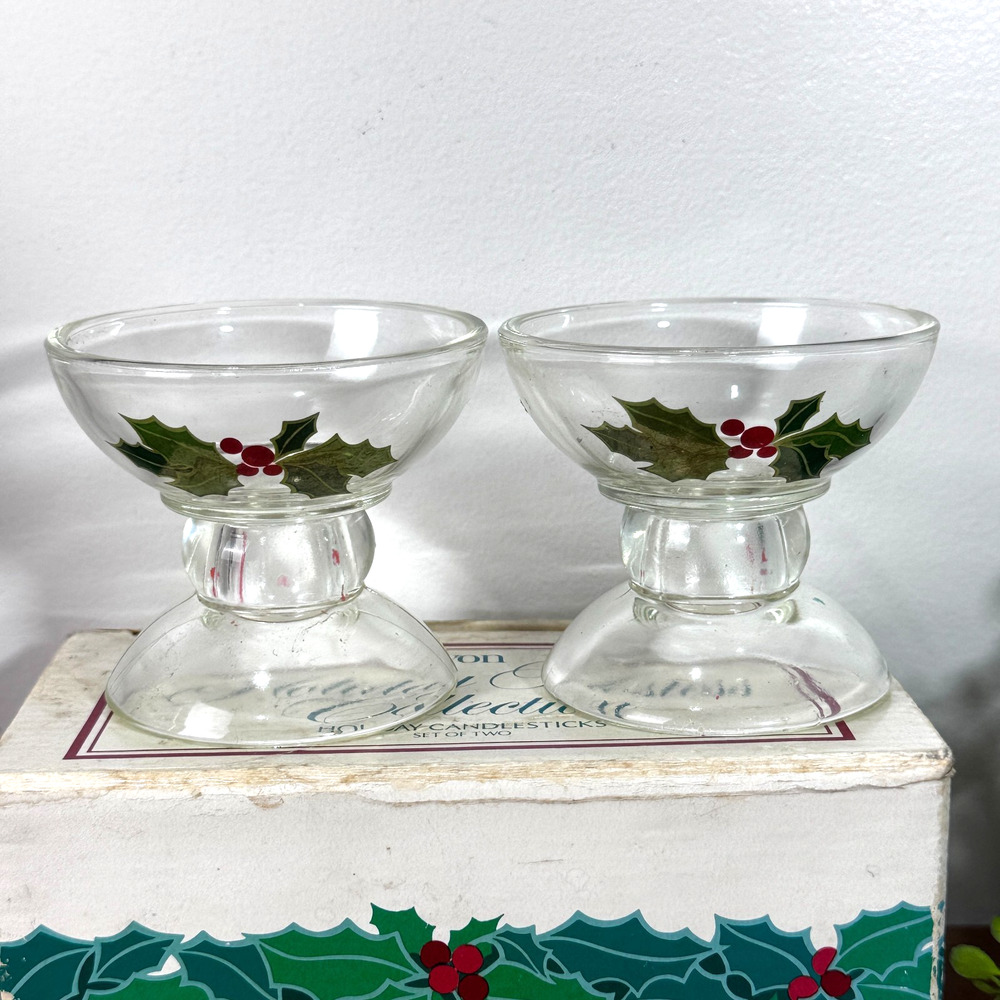 Vintage Avon Glass Candle Holders Christmas Holly Votive Tealight or Tapers